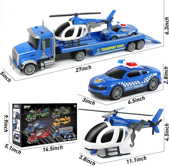Dwi Dowellin 27" Large Friction Powered Police Truck Toy with Car and Helicopter,Semi Truck Toys for 3 4 5 6 Years Old Toddlers Kids Boys & Girls Gift