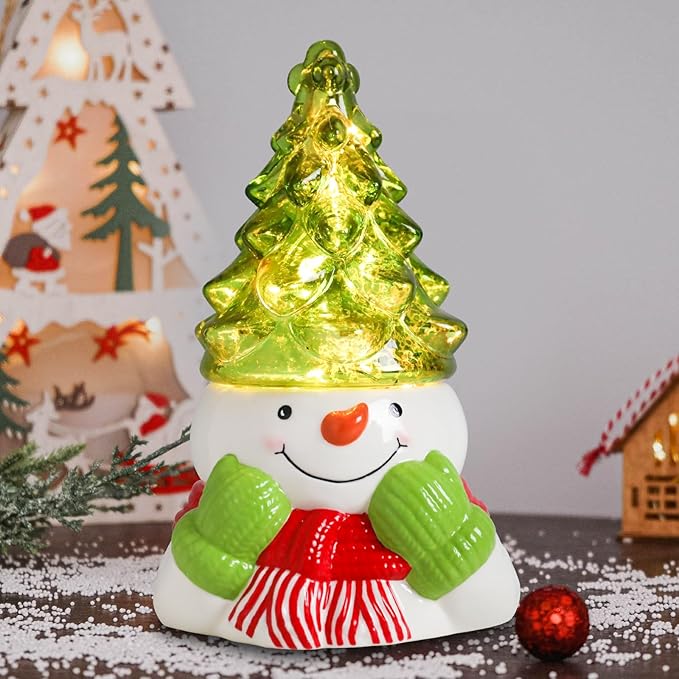 Small Ceramic Christmas Tree Hand-Painted Vintage Tabletop Christmas Tree Holiday Decoration with Multi-Color Lights Green Xmas Trees Snowmen 8.75inch