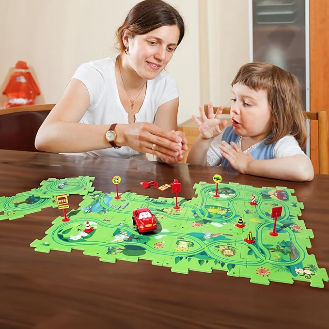 Puzzle Racer Kids Car Track Set, Plastic Puzzles for Kids Ages 3-5 with A Cute Vehicle, Toddler Puzzle Track Play Set Gift, Race Tracks for Toddler 3-5, Toys for 3 4 5 6 Year Old Boys Girls