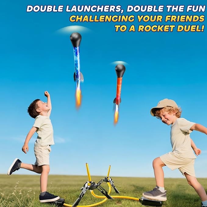 Rockets for Kids Age 4-8 with 8 LED Rockets and 2 Launcher - Outdoor Toys for 4 5 6 7 8-12 Year Old Boy Birthday Gift, Air Powered Flying Toy Shooting Up to 100 Feet, Toys for Kids Ages 8-12