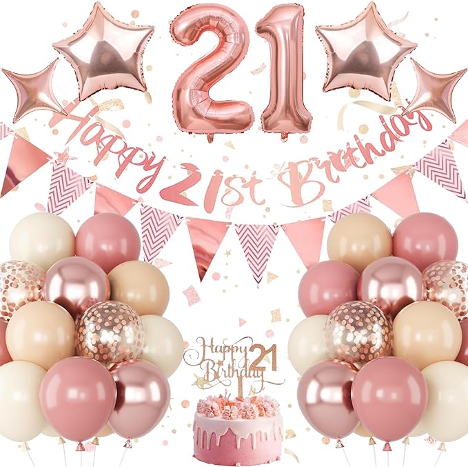 21st Birthday Decorations for Her, Retro Pink Nude Number 21 Balloon Set Happy 21st Birthday Banner Cake Topper Dusty Pink Beige Rosegold Star Balloons for Women 21 Year Old Bday Party Decor