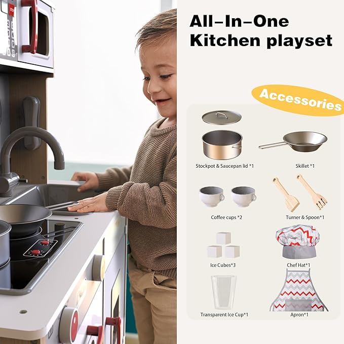 JOYOOSS Play Kitchen for Kids,Wooden Kids Kitchen Playset Toy Toddler Play Kitchen Set for Toddlers 3+ with Real Lights & Soundswith Cookware Accessories