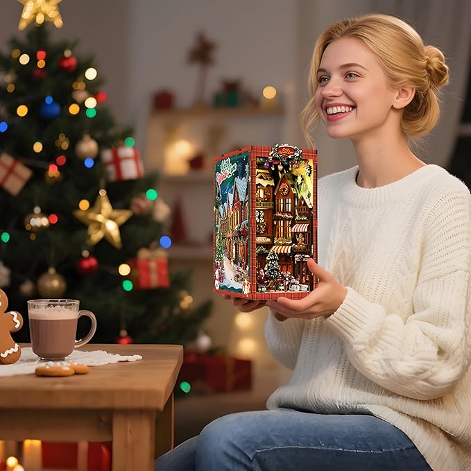 DIY Christmas Book Nook Kit, Wooden Dollhouse Kit with Dust Cover,Tiny Diorama House Building Set Booknook Bookshelf Insert Decor Alley Creative Idea Gifts for Aduls Bookends Model(Christmas Street)