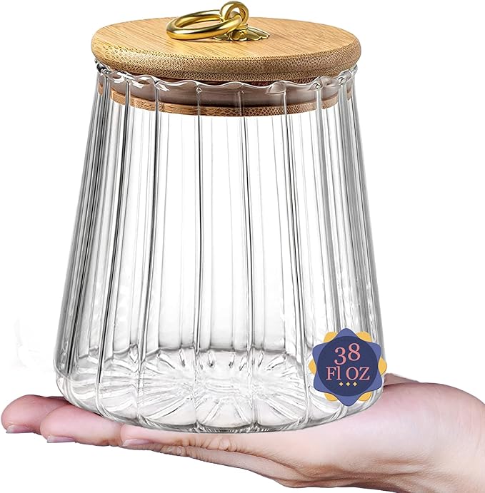 38 FL OZ Glass Jars with Bamboo Lids, Glass Containers with Airtight Lids for Storage, Large Candy Jars for Coffee Nuts Cookie, Decorative Glass Canister, 1130ml Conical