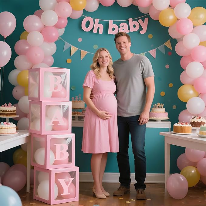 Ledido Baby Boxes with Letters for Baby Shower Decorations with 38 Balloons, 4 pcs Clear Baby Balloon Boxes Blocks for Baby Shower Decor Boy Girl Gender Reveal Decorations Backdrop Party (Pink)