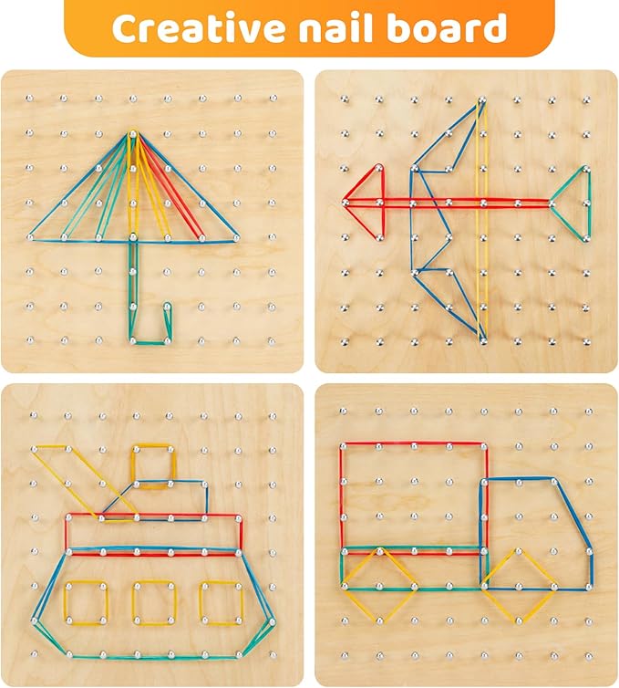 2Pack Wooden Geoboard,Montessori Toy,Graphical Mathematical Education Toy for Kids with Pattern Cards and Rubber Bands to Figures and Shapes, Brain Teaser STEM Toy Geo Board.