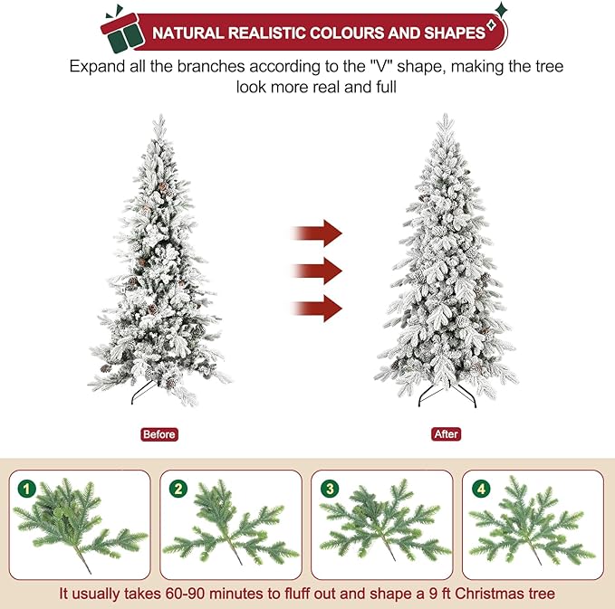 9 FT Snow Flocked Slim Fir Christmas Tree with 2138 PE & PVC Mixed Branch Tips,Unlit Artificial Skinny Pencil Xmas Tree with 52 Pine Cones,Hinged Premium Xmas Trees for Home,Office,Party Decoration
