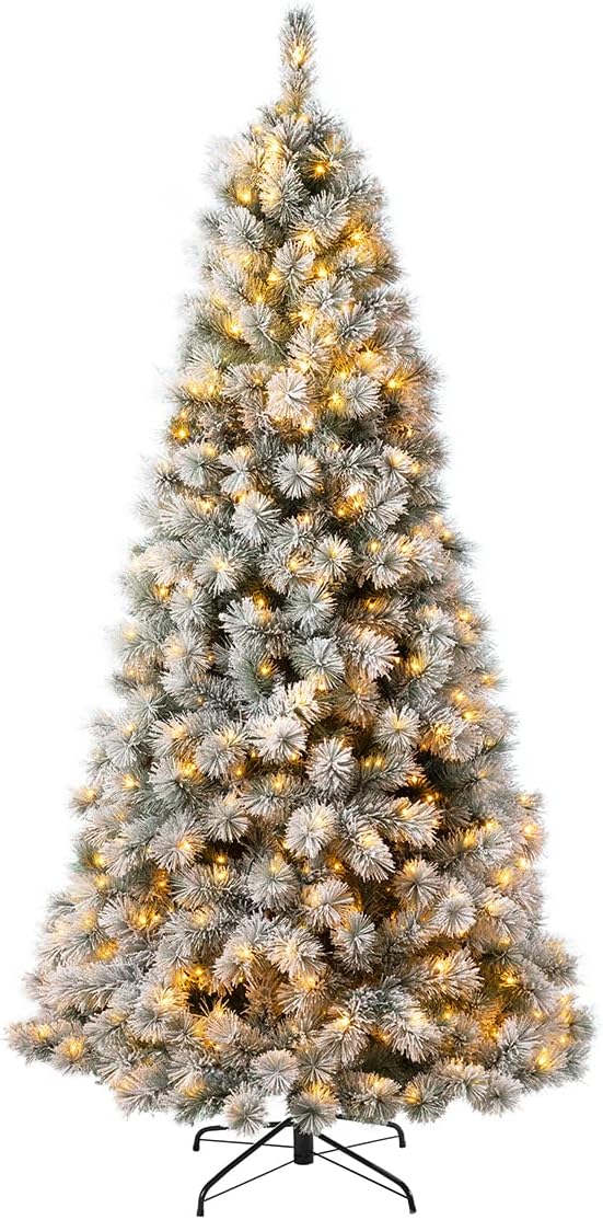 Glitzhome 7.5ft Pre-lit Snow Flocked Artificial Xmas Tree, Large Full-Size Pine Christmas Tree with 650 Warm White Lights Holiday Decoration