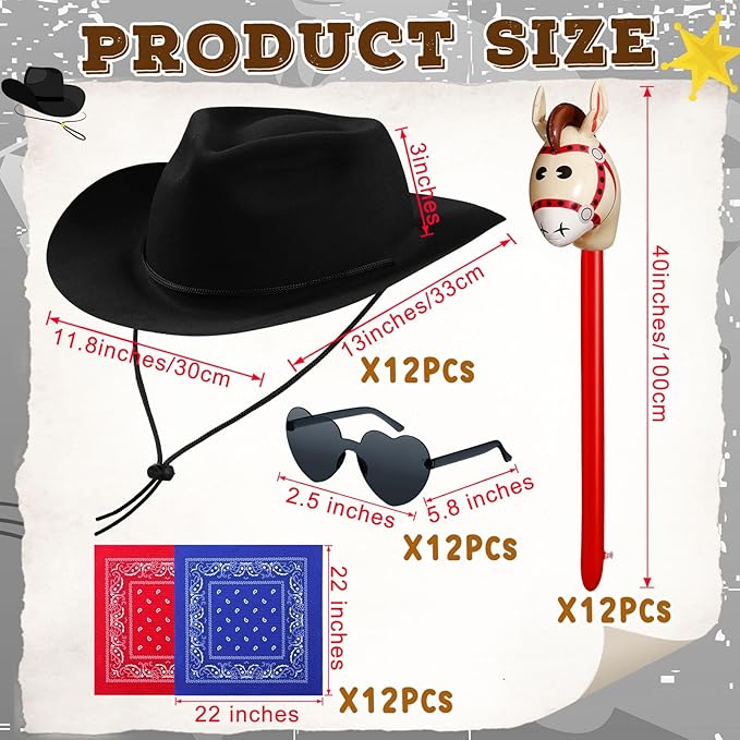 Xtinmee 48 Pcs Kids Cowboy Party Favor with Cowboy Hats Inflatable Stick Horses Bandanas Heart Glasses for Kid Costume(Black)