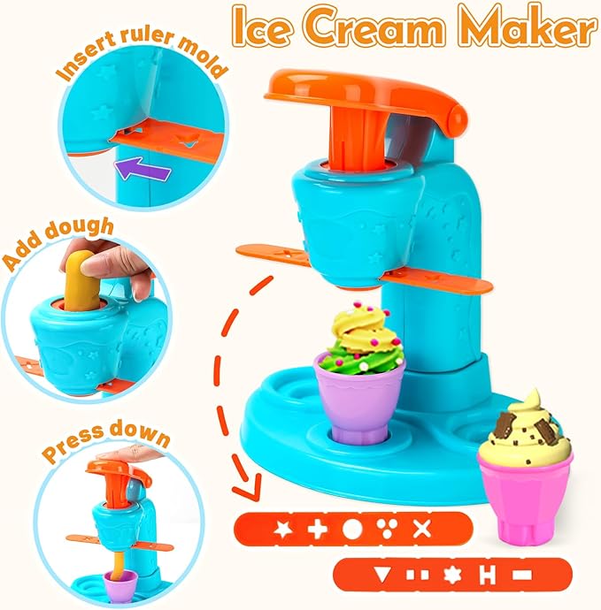 61 PCS 3 in 1 Dough Sets for Kids Ages 3-4-8, Art Crafts Dough Tools Kit, Ice Cream Playset Noodle Cake Maker Machine, Kitchen Creations Food Play Toys Toddlers Boys Girls