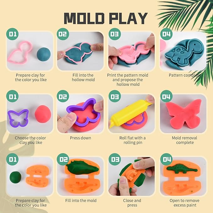 55PCS Dough Play Sets for Kids 3-6, Sliding/Portable Dinosaur Storage Case with Light & Sound, Toddler Play Clay Kit with Dinosaur Modle Eggs, Gift for 3 4 5 6 7 8 Year Old Girls Boys