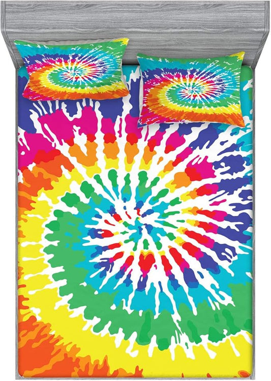 Ambesonne Rainbow Fitted Sheet & Pillow Sham Set, Digital Spiral Vortex Vibrant Rainbow Colored Sixties Ikat Psychedelic Pattern, Decorative Printed 3 Piece Bedding Decor Set, King, Green Multicolor