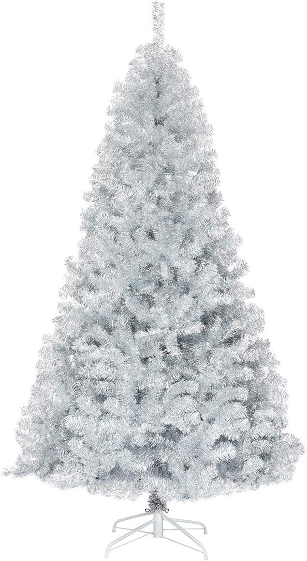 GOFLAME 7.5 FT Artificial Christmas Tree Hinged with 1258 Branch Tips, Silver Tinsel Christmas Tree with Metal Stand, Electroplated Technology for Indoor and Outdoor Holiday Decoration