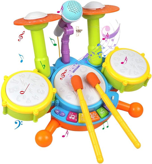 POKONBOY Kids Drum Set for Toddler 1-3, Musical Instruments Learning Toys with 2 Drum Sticks Adjustable Microphone Birthday Gifts for Boys Girls 6 12 18 Month