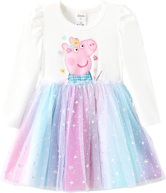 Peppa Pig Toddler Girls Dress for Fall Long Sleeve Tutu Dresses for Birthday Party Tulle Princess Dress Little Girl Size 2-6T