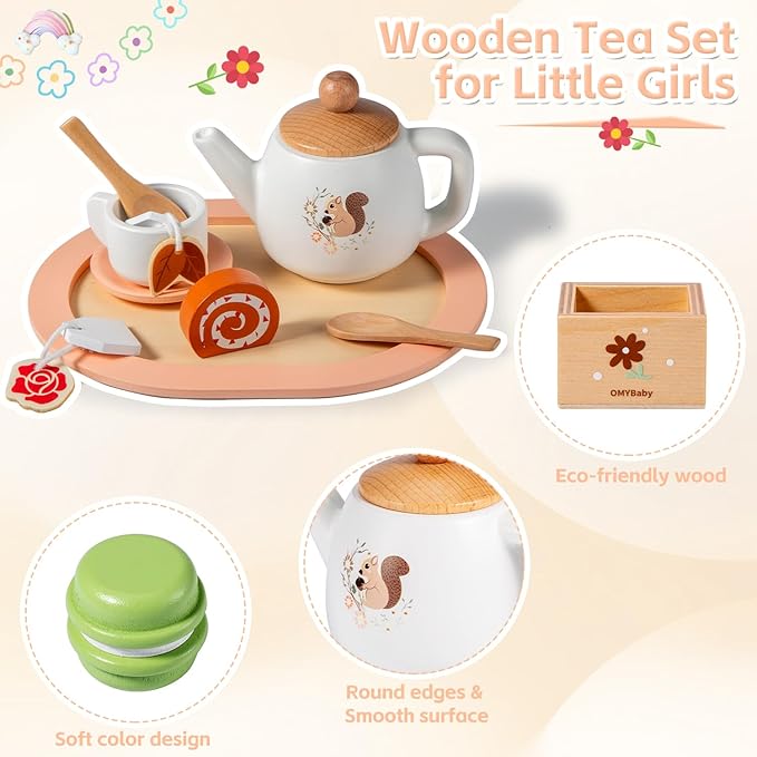 OMYBaby Wooden Tea Set for Little Girls, 19pcs Party Playset With Teapot, Cups, Dessert Stand, Macaroons, Cakes & Tray, Time Playset Pretend Play Kitchen Toys Gift for Girls & Toddlers 3Y+