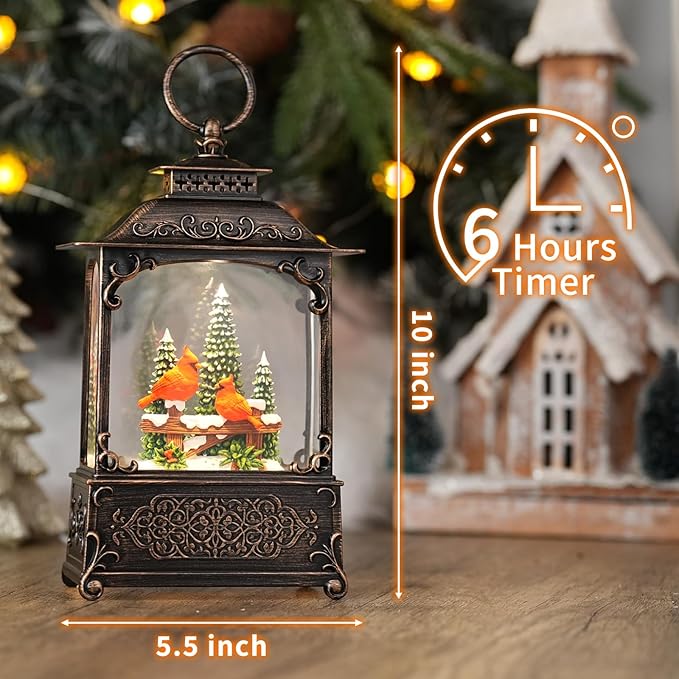 Red Cardinals Bird Snow Globe, Light Up Christmas Snow Globes with Music Timer - USB Plug or Battery Operated Glitter Globe Indoor Christmas Decorations
