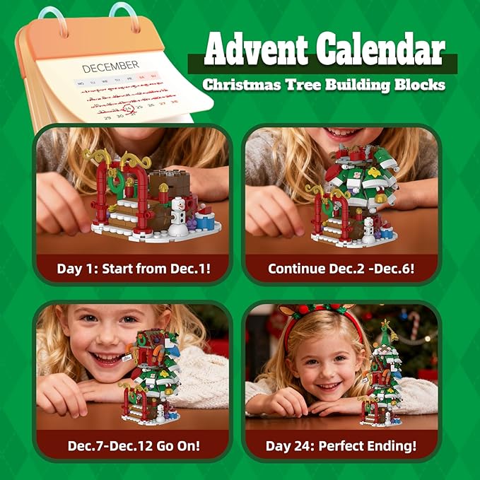 Advent Calendar 2025 Christmas Tree House Building Set with Wreath and Reindeer,ChristmasTree Building Blocks Kit with LED Light,24 Days Christmas Countdown Toys Building Set for Teen Boys Girls Gifts