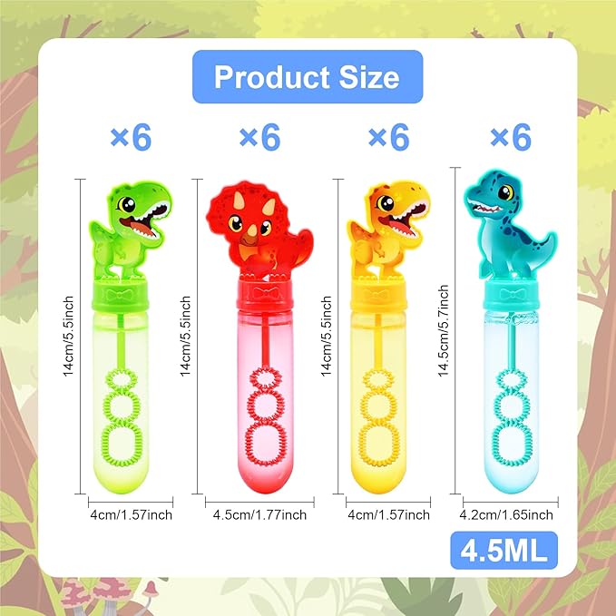 24 Pack Dinosaur Bubble Wands for Kids - Refillable Dino Bubble Sticks with Cute Dinosaur Designs, Bubbles Bulk Toys for Birthday, Classroom Prizes, Party Favors, Outdoor Play, Boys & Girls Gifts