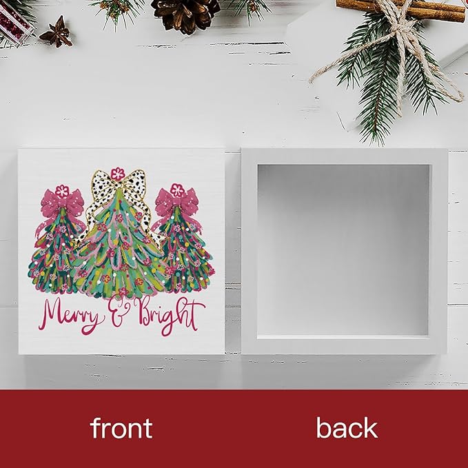 Pink Merry Christmas Wall House Decor Merry and Bright Christmas Tree Coquette Sign, Office Home Decor for Desk Table Shelf 5 X 5 inch