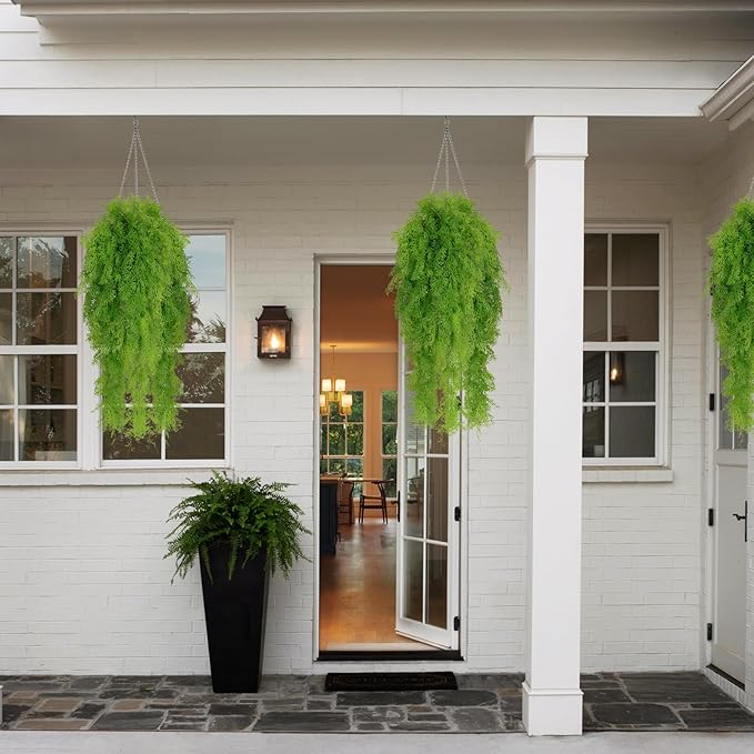 RECUTMS 3 Pcs Artificial Fake Hanging Ferns Plants Vine Ivy Outdoor UV Resistant Plastic Faux Plant for Outside Decoration (Green)