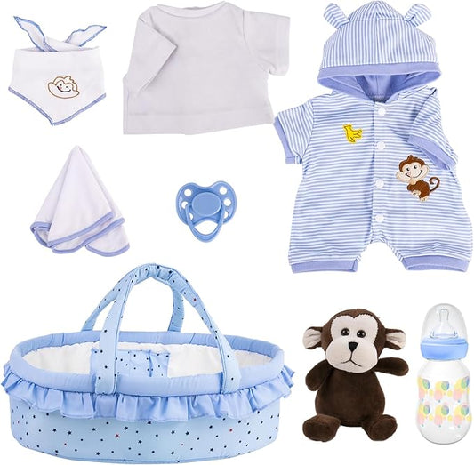 Aori 8 Pcs Reborn Baby Dolls Outfit Set with Bassinet Accessories for 16-18 Inch Baby Doll, Blue Carrier Bed and Baby Doll Clothes fit Newborn Baby Dolls