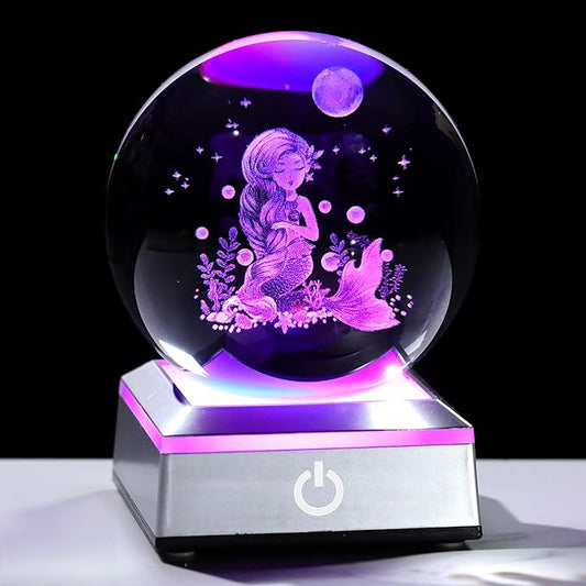 Ornalrist 3D Mermaid Crystal Ball Gifts for Women, Girls 3.15in with Colorful LED Light Base - Gifts for Kids on Birthday, Christmas, New Year - Mermaid Figurines Home Decor