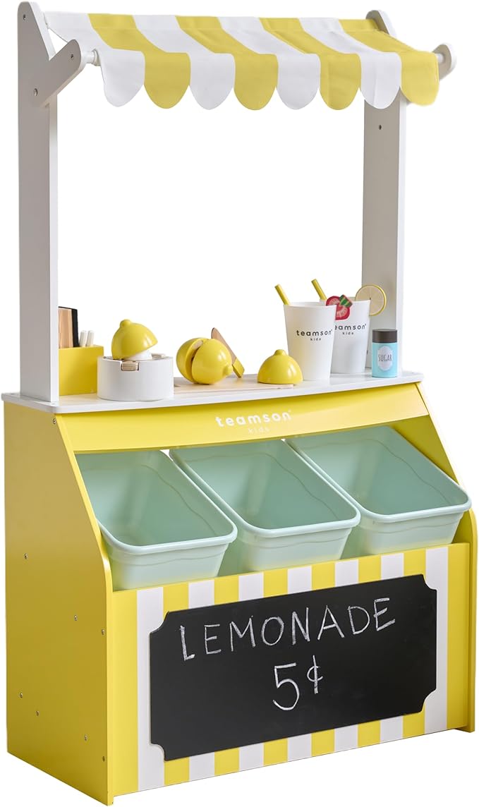 Teamson Kids Wooden Lemonade Stand for Toddlers, Pretend Play Grocery Shop with 18 Accessories, Juice Squeezer, Storage Bins, Yellow White, Age 3+