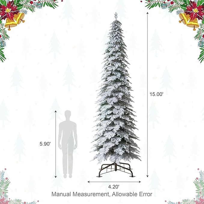Glitzhome 15ft Prelit Christmas Tree, Artificial Christmas Tree with 1400 Warm White Lights, Flocked Pencil Tree Chicago Frostwood Spruce w/4335 PE&PVC Branch Tips and Sturdy Metal Stand, Simple Setup