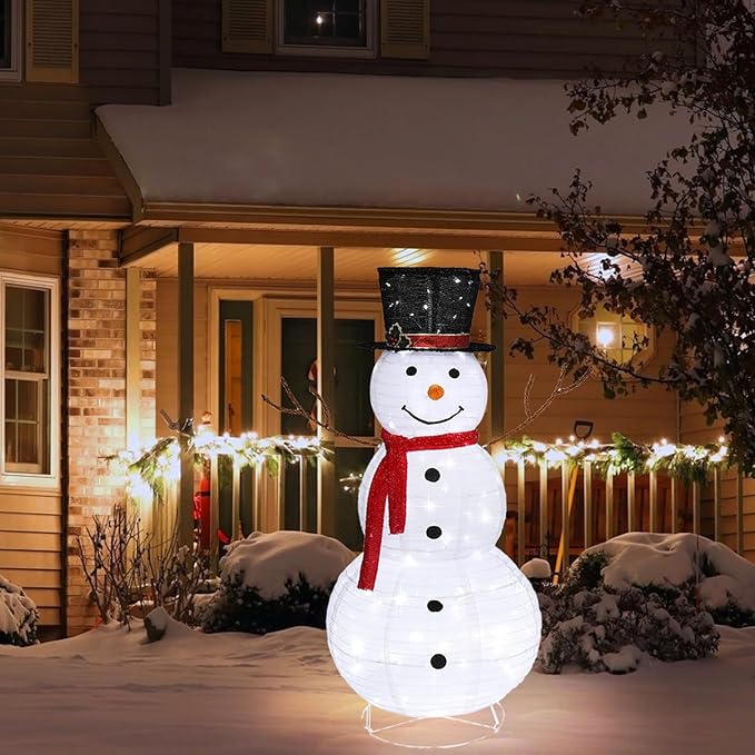 Snowman Outdoor Christmas Decorations with 120 LED Lights, 4ft Lighted Snowman with Metal Stand, Holiday Ornaments Xmas Decor for Home Porch Patio Yard Party (White, 23.62“ x 23.62” x 47.24“)