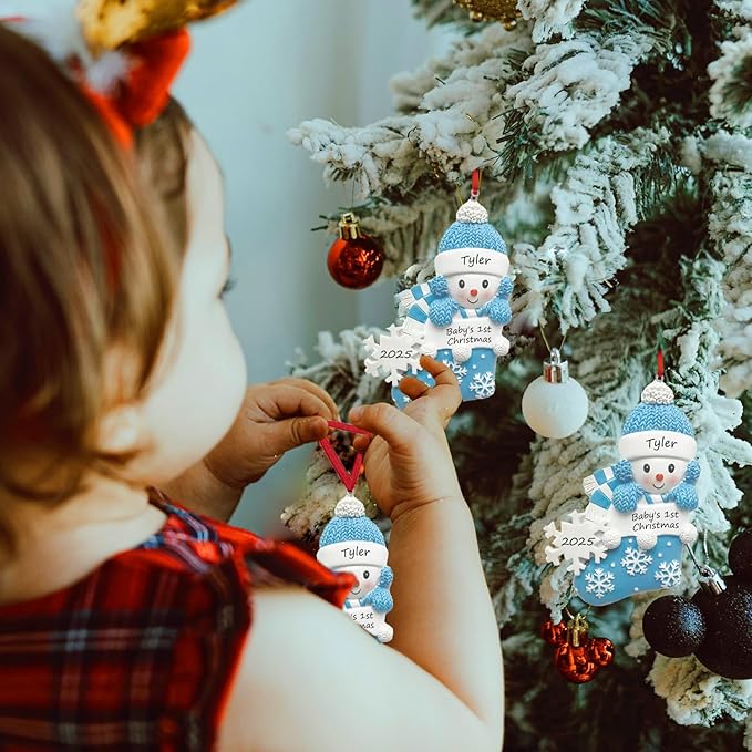 Personalized Ornament Baby's First Christmas 2025 Customized Snowman Ornaments with Name Xmas Tree Decoration Gifts for New Born Baby Boy (Blue)