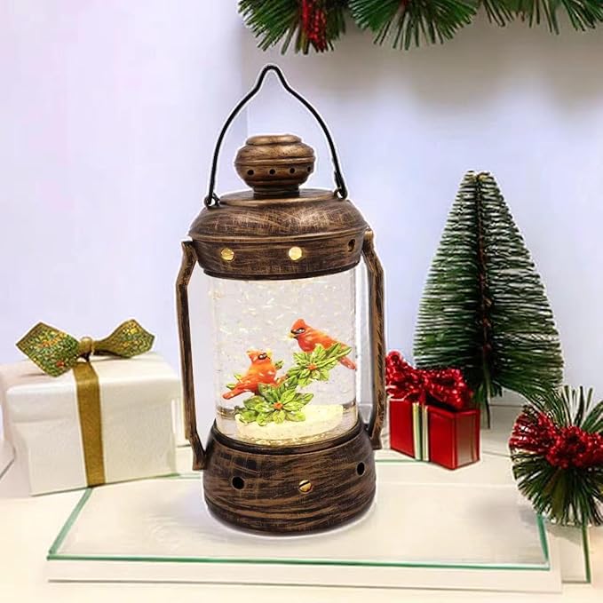 9 in Christmas Cardinal Snow Globe Lantern,Xmas Glittering Snowing Globe with Music,6 Hours Timer, USB Powered/Bateetry Operated Lighted Decoration Gift for Indoor Use