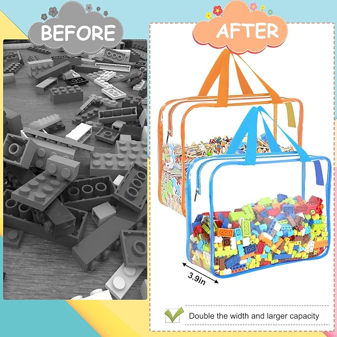 6 Packs Large Toy Storage Bags with Labels, Reusable Clear PVC Board Game Storage, Travel Waterproof Organizer Bags with Zipper for Building Blocks, Puzzle, Kids Books（6 Colors）