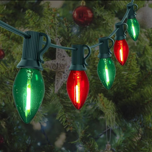 C7 LED Red and Green Christmas Lights 25Ft LED Outdoor String Lights with 27 Clear Red & Green Bulbs, Vintage Christmas Lights for Tree Carnival Patio Wedding Holiday Pathway Roofline Decor