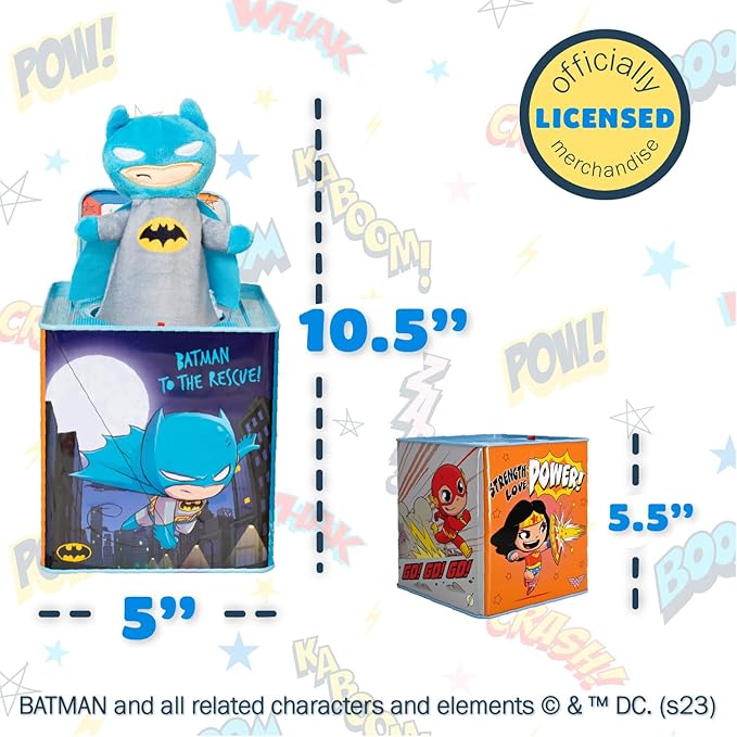 KIDS PREFERRED DC Comics The Batman Jack in The Box Musical Toys for Babies and Toddlers, Plays “Pop Goes The Weasel” The Dark Knight Springs Out from A Colorful Box