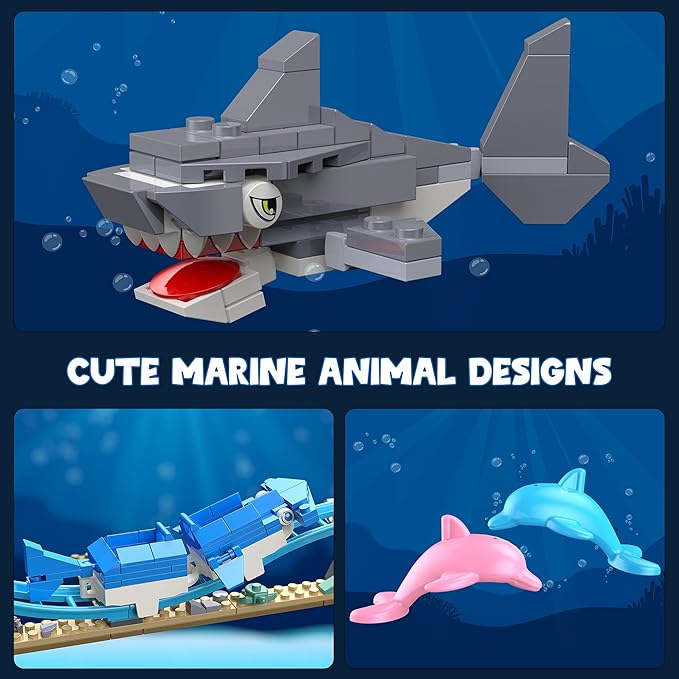 Ocean Roller Coaster Adventure Park Building Set, Friends Blocks Kit with Submarine & Dolphins Railcar Rollercoaster, Gift for Kids Birthday Children's Day Christmas