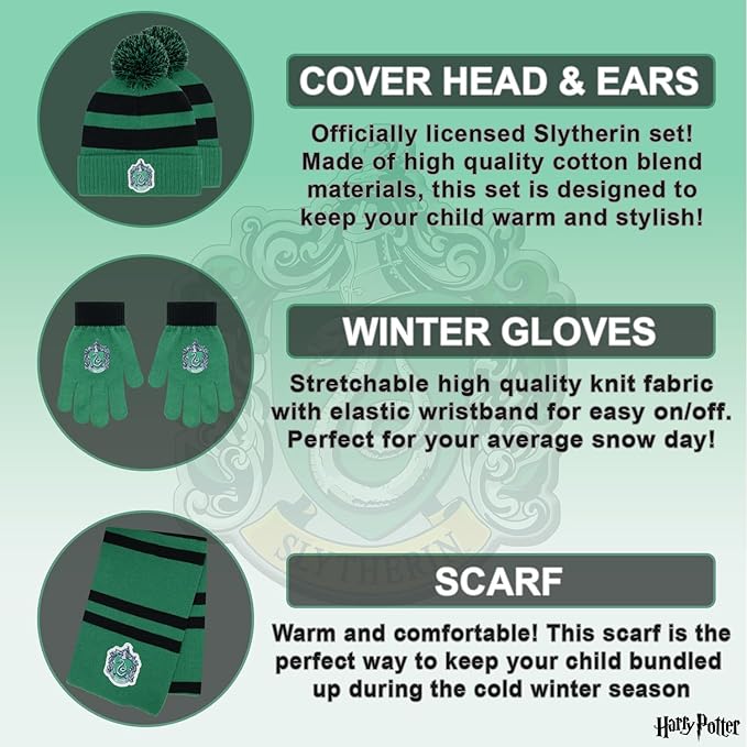 Harry Potter Winter Hat and Gloves with Set, Gryffindor, Slytherin, Hufflepuff, Ravenclaw, Winter Set 5-13 Year Olds