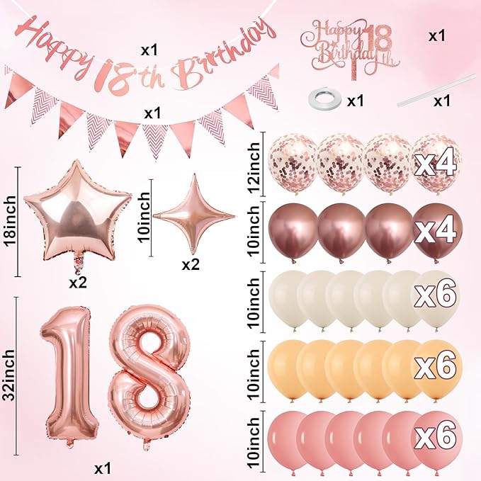 18th Birthday Decorations for Girls, Retro Pink Nude Number 18 Balloon Set Happy 18th Birthday Banner Cake Topper Dusty Pink Beige Rosegold Star Balloons for Boho 18 Year Old Bday Party Decor