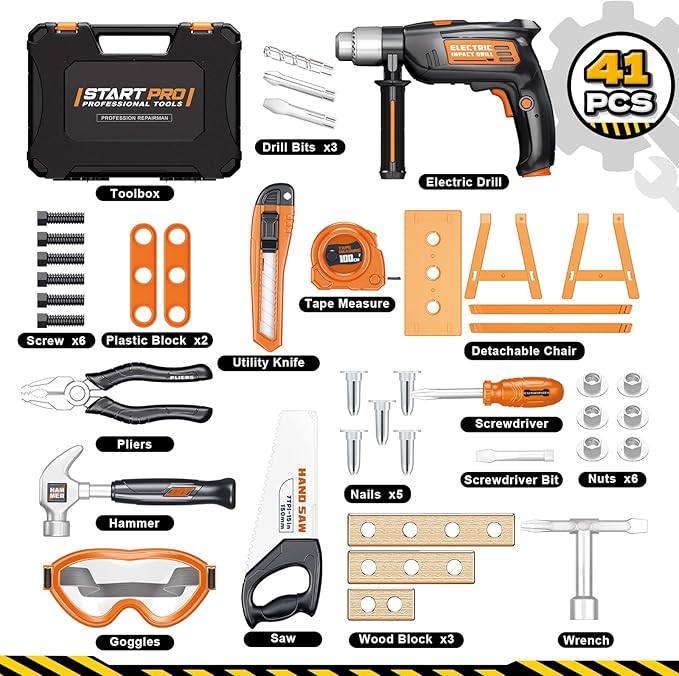 OCHIDO Kids Tool Set with Electronic Toy Drill, Kids Tool Box for Ages 3,4,5,6,7,8, 41PCS Toddler Tool Set with Portable Tool Box for Boys Christmas Birthday Gifts