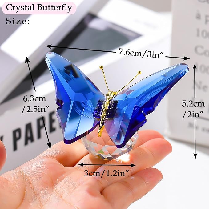 Movdyka Crystal Butterfly for Mom Women Metal Butterfly Room Decor Collection Figurine Blue Glass Butterfly Craft Desk Office Decorations Table Centerpieces