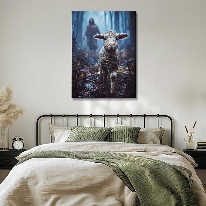 AbcCustomize Jesus Running After Lost Lamb Christian Wall Decor, Religious Wall Decor for Home, Jesus Wall Art Canvas Prints Ready to Hang, Inspirational Christian Art for Prayer Room, Baptism Gift