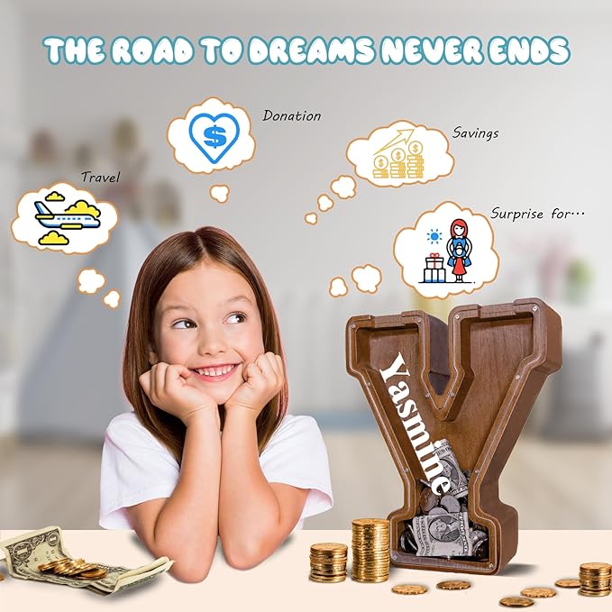 Personalized Wooden Letter Piggy Bank for Kids Larger Letter Piggy Bank for Boys and Girls Initial Coin Bank Customized Piggy Bank Perfect Wood Kids Money Bank for Birthday and Festival