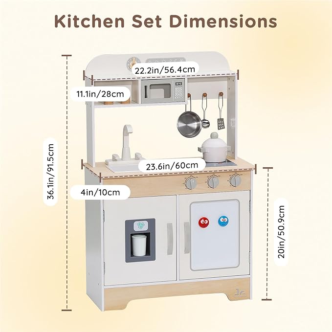SainSmart Jr. Wooden Play Kitchen for Kids - Premium Toddler Pretend Play Cooking Set - Includes Stove, Refrigerator, and Accessories for Boys and Girls