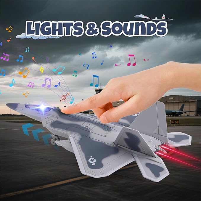 2-in-1 Diecast Fighter Jet Toy Set with Lights & Sounds, Pull Back Airplane F-22 & SU-57 1:144 Scale Military Aircraft Models with Display Stand, Gift for Kids & Collectors