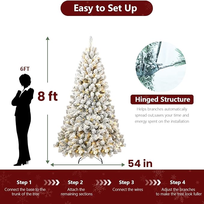 8ft Per-Lit Snow Flocked Christmas Tree, Artificial Christmas Tree with 500 Warm White Lights,1460 Branch Tips, Premium Green Full Xmas Tree for Easy Holiday Setup, Foldable Metal Base