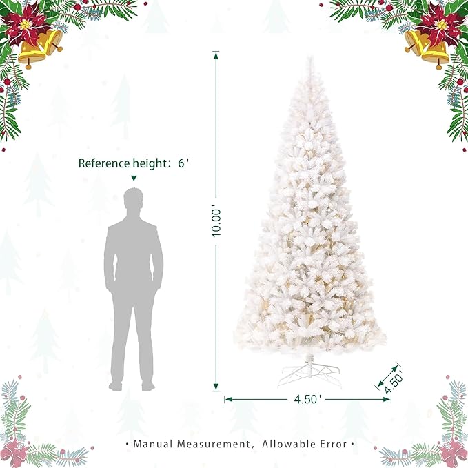 Glitzhome 10ft Pre-Lit Slim Artificial Christmas Tree, Aspen Frostfall Pine Hinged Holiday Xmas Tree with Foldable Metal Stand, 800 Warm White Lights, Ideal for Home, Office, Party Decoration