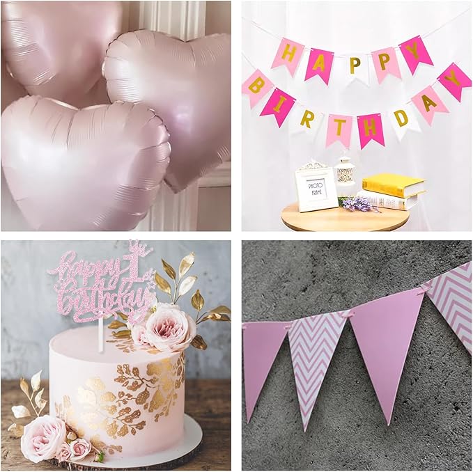 1st Birthday Decorations Girls, Pink First Birthday Balloon Set Hot Light Pink White Confetti Balloons Number 1 Balloon Heart Bday Banner Cake Topper for Baby Girl Princess 1 Year Old Bday Party Decor