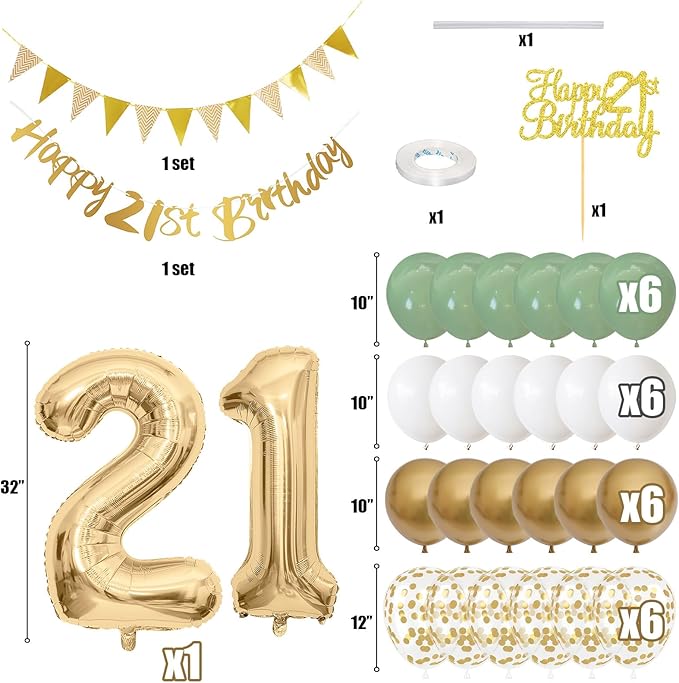 21st Birthday Decorations for Him Her, Happy Banner With Cake Topper Number 21 Foil Balloon, Sage Green White Gold Balloons for Men Women 21 Year Old Party Decoration