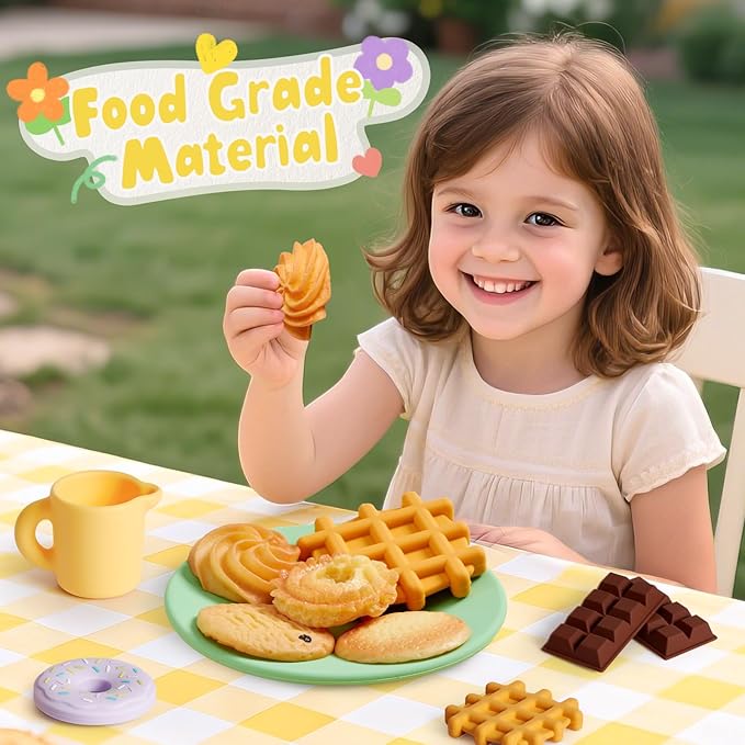 Golray Silicone Tea Sets for Toddlers 3-5, 22pcs Washable Tea Party Set with Storage Box/ Picnic Cloth, Pretend Play Kitchen Accessories Birthday Gifts Girls Toys for Kids 3 4 5 6 Years Old