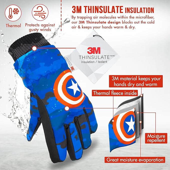 Spiderman Snow Gloves for Kids, Spider Man Toddler Gloves, 3M Thinsulate Waterproof Mittens, Kids Winter gloves